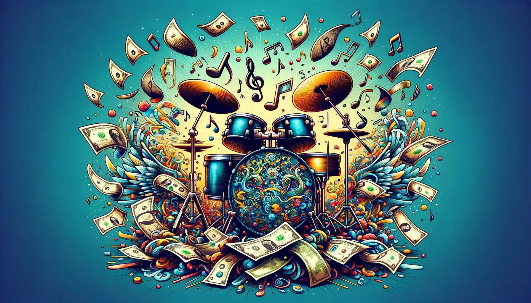 Create a dynamic 16:9 image featuring a detailed drum set at the center, surrounded by an array of musical notes and cash bills, both adorned with small wings to suggest they are flying around the drum set in a lively and rhythmic dance. The image should capture the essence of music and financial success merging, with the flying notes and cash creating a whimsical and energetic atmosphere. The color scheme should be vibrant and engaging, enhancing the musical theme and the concept of financial gain in an artistic and creative setting.